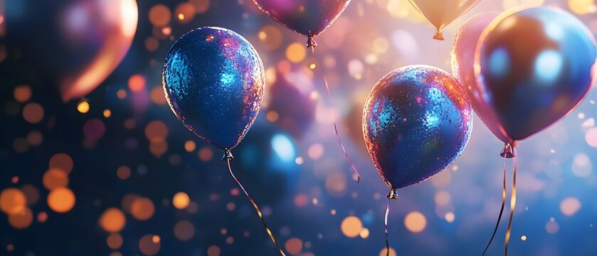Colorful balloons soaring against a shimmering backdrop, perfect for celebrations and joyful moments. Vibrant colors and soft bokeh create a festive and enchanting atmosphere.