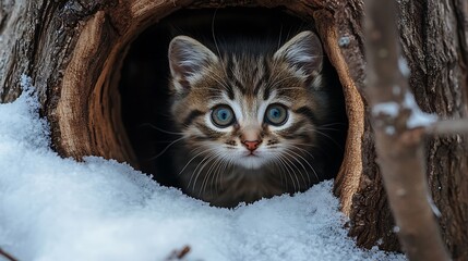 A small kitten hiding in a hollow tree trunk surrounded by patches of untouched white snow