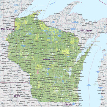 Physical political map of Wisconsin, United States