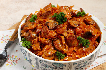 Bigos, bigus is a national Polish dish, made of cabbage and meat, stewed, homemade, no people,