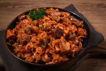 Bigos, bigus is a national Polish dish, made of cabbage and meat, stewed, homemade, no people,
