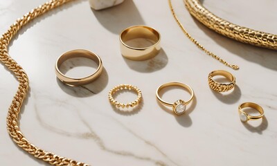 Minimalist Jewelry like gold rings and a necklace laid out on a clean marble surface
