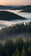 Fototapeta premium Wallpaper of Serene Lake Landscape at Sunrise with Fog and Mountain Reflections