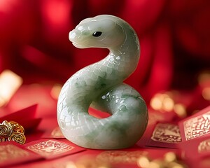 Fototapeta premium A beautifully carved jade snake figurine set against a vibrant red backdrop, symbolizing luck and prosperity in various cultures.
