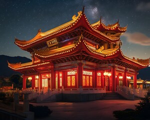 Fototapeta premium A beautifully illuminated traditional architecture at night, showcasing intricate designs and vibrant colors under a starry sky.