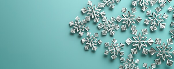 Scattered geometric snowflakes in bright silver, placed on a muted teal background with subtle gradients for a modern 3D effect, sleek and festive