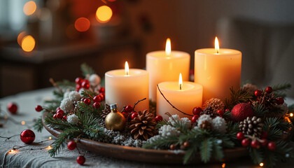 Decorative arrangement of burning candles with pine branches and ornaments on a festive table setting