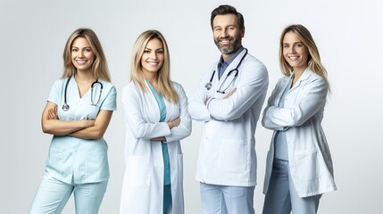 Confident group of diverse healthcare professionals standing together in modern medical uniforms