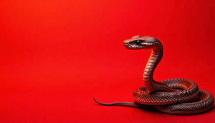 Fototapeta premium Realistic close-up of a coiled snake against a bold red background
