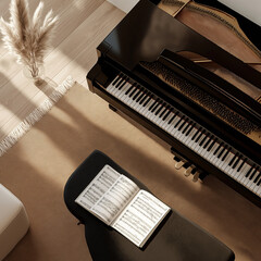 flat lay photo from above showing sheet music laying on the top of a baby grand piano in a warmly lit high