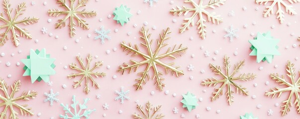 Scattered geometric snowflakes in soft gold, set against a pastel pink background with mint green accents, arranged in a playful pattern with 3D gradients for a festive look