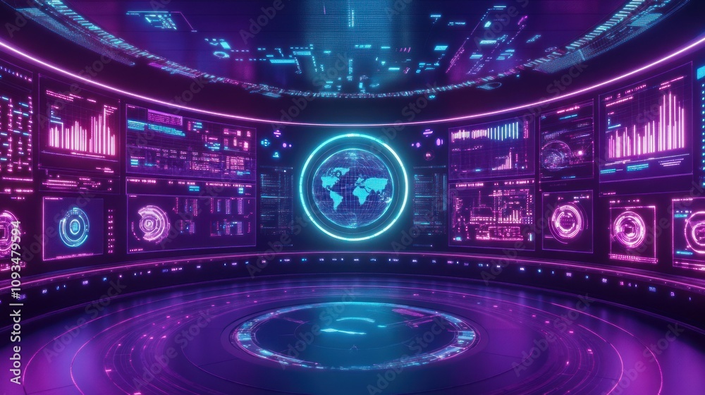 Poster futuristic control room displays global data analysis