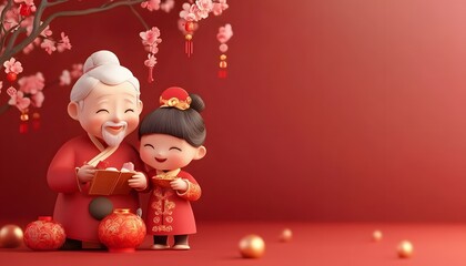 A joyful representation of generational bonding during a cultural celebration, featuring a grandmother and granddaughter in traditional attire amidst festive decorations.