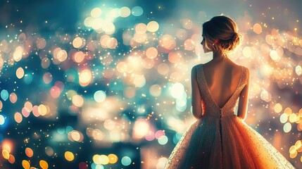 Elegant Woman in Beautiful Dress Against City Lights Backdrop, Capturing the Magic of Evening Glamour and Dreamy Atmosphere in Soft Focused Bokeh Effect