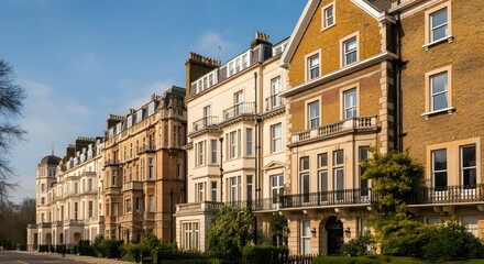 An expensive luxurious row of Edwardian, Victorian and Georgian houses and other buildings