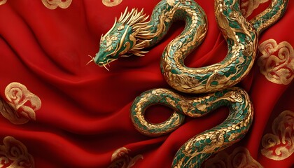 Fototapeta premium A majestic dragon entwined on a rich red fabric, symbolizing power and tradition.