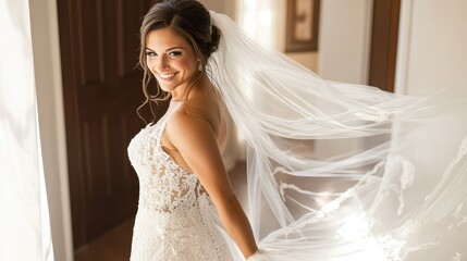 Naklejka premium Elegant Bride in Exquisite Wedding Dress with Flowing Veil Posing Gracefully in Soft Natural Light for Romantic Bridal Portrait Photography
