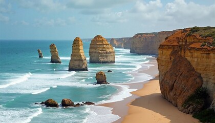 Majestic Twelve Apostles with Serene Waves Against Coastal Cliffs