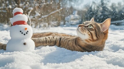 A domestic shorthair cat stretching on fresh snow with a snowman and bare winter trees in the background