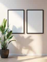 Frame mockup, Minimalist wall with two empty frames and potted plant casting shadows. Perfect for contemporary decor