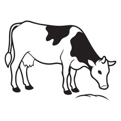 Cow grazing in a field silhouette vector art black color design and solid white background 