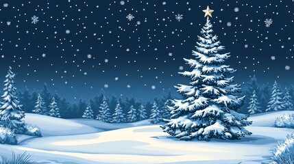 Obraz premium Snowy Christmas Tree Under a Starry Night Sky Featuring Snowflakes