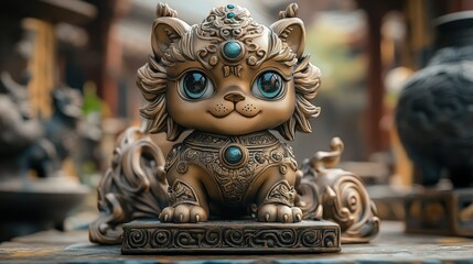Fototapeta premium A decorative figurine of a stylized cat with intricate designs and vibrant blue accents.