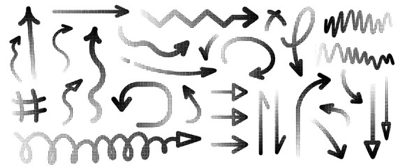 Set of different shapes of halftone effect arrows, hand-drawn in black for design in fun presentations and animated visuals with tonal gradient effect. vector illustration