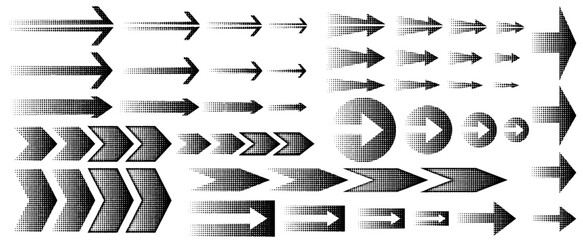 Set of different shapes of halftone effect arrows, hand-drawn in black for design in fun presentations and animated visuals with tonal gradient effect. vector illustration
