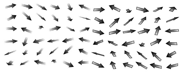 Set of different shapes of halftone effect arrows in perspective, drawn in black digital form for design in fun presentations and animated visuals with a tonal gradient effect. vector illustration