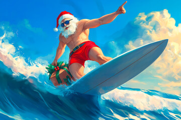 Santa Claus surfing on ocean waves with a Christmas gift under the bright blue sky