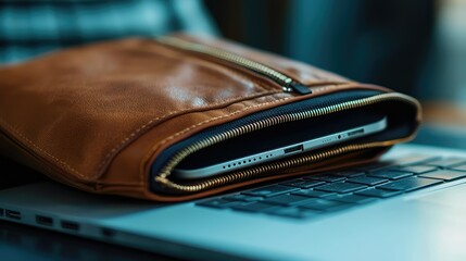 Stylish Brown Leather Sleeve with Laptop Resting on Silver Keyboard in a Cozy Workspace, Showcasing Modern Minimalism and Sleek Design Aesthetic