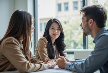 young Asian woman seated in a bright, modern office smiling at two people, a man and a woman, who are seated across from her.