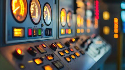 Control panel with analog gauges and colorful buttons featuring illuminated lights in a modern industrial environment, showcasing technology and machinery operations