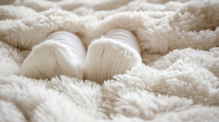 Cozy White Textured Blanket with Soft Slippers Peeking Out, Perfect for Relaxation and Comfort at Home in a Warm and Inviting Atmosphere