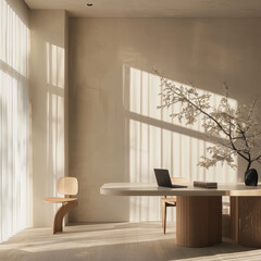 imagine an image that shows how light changes from morning to afternoon in a luxury modern minimal workspace, in the style of goop