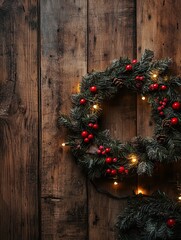 Rustic Christmas Wreath with Festive Lights on Wooden Background