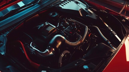 Pristine Modern Engine: Freshly Repaired and Gleaming Under Sharp Directional Lighting in a Sleek Garage, Captured with Hasselblad X1D for Ultimate Clarity and Depth