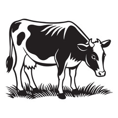 Cow grazing in a field silhouette vector art black color design and solid white background 