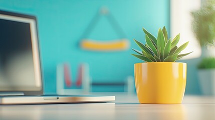 Bright and Colorful Workspace Featuring a Yellow Potted Plant and Modern Laptop on a Desk Against a Vibrant Blue Background for Creativity and Inspiration