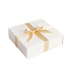 Festive gift box on transparent background: white box tied with gold ribbon