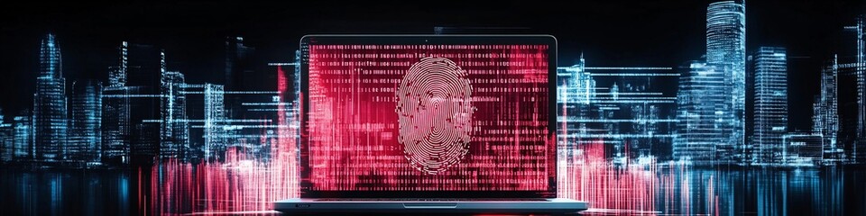 A laptop with a fingerprint lock on the screen, surrounded by digital code and a cyber background, 