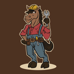 Cartoon Mascot Horse Construction Worker Vector Illustration