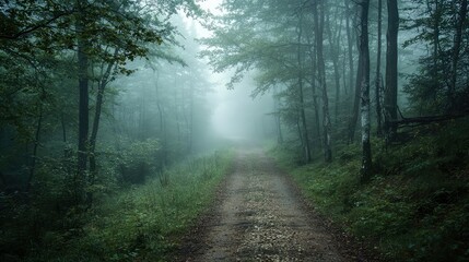 Obraz premium Serene Forest Path Under Misty Fog, Tranquil Nature Scene with Lush Greenary and Soft Light Filtering Through Trees, Perfect for Relaxation and Escape