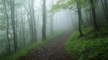 Obraz premium Serene Forest Path Unveiling Mysteries of Nature in a Foggy Landscape with Lush Greenery Surrounding Tranquil Walkway for Peaceful Exploration