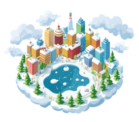 Winter wonderland city illustration with a frozen lake.