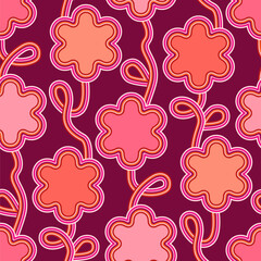 Decorative Flowers Seamless Pattern on Bordeaux Background	