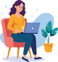 a girl is using his laptop vector