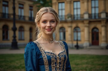 A beautiful blonde girl in a 19th century dress in an old palace.