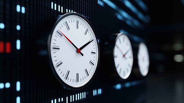 Three clocks on a digital background, symbolizing time management and synchronization in global business